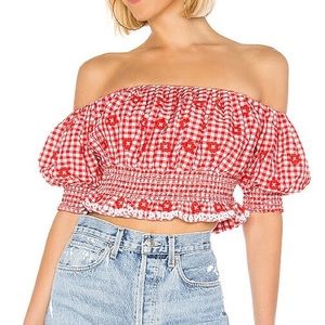 NBD red and white plaid embroidered peasant crop top